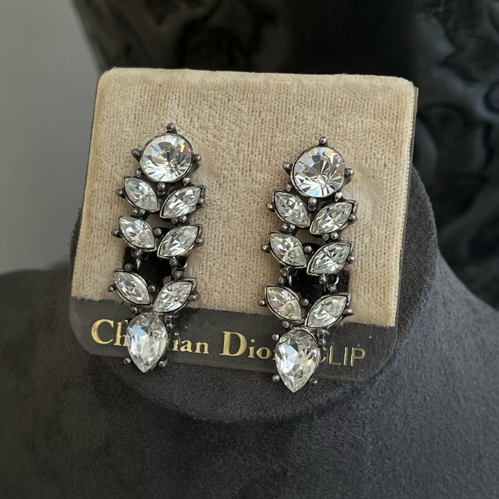 NWT Vintage Christian Dior Marquise Rhinestone Drop Patinated Silver Earrings - Picture 2 of 10